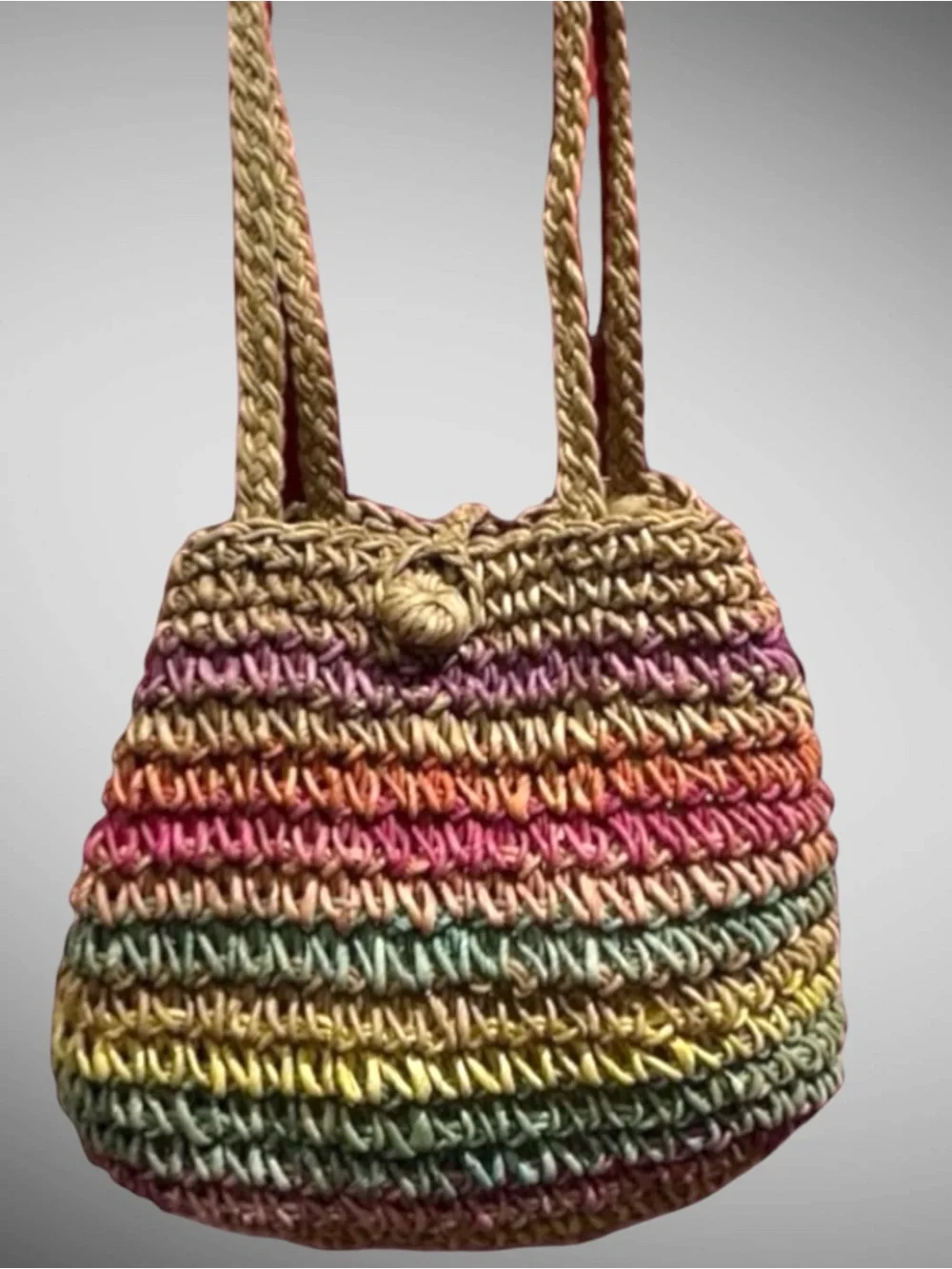 Vintage Rainbow Straw Jute Tote Hobo Bag Boho Beach Crochet Purse